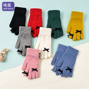 Korean Winter New Solid Color Five-Finger Warm Knitted Gloves Women's Bow Cold-proof Wool Gloves for Students