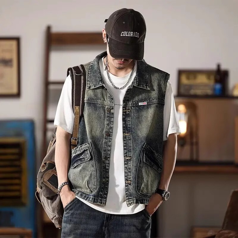 Spring and Autumn Motorcycle Trendy Nostalgic Denim Vest Men's Loose Denim Jacket Men's American Retro Vest