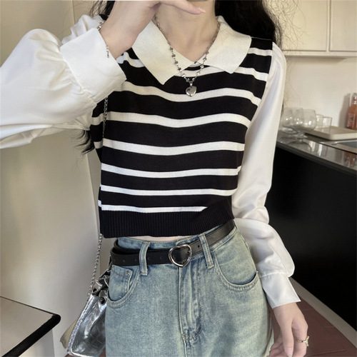 Designer Style Niche Splicing False Two-Piece Women's Autumn Striped Knit Top Women's Long-Sleeve Hooded Short-Sleeve Top