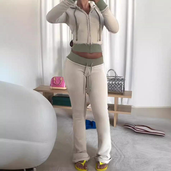 2025 Spring and Summer Street Hooded Stitching Sweater Jacket American Contrast Color Waist Stitching Micro Knitted Sweater suit