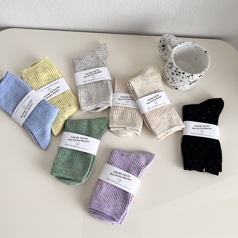 Socks Women's Instagram Fashionable Spring and Autumn New Arrival Dot Yarn Girl's Mid-Socks Japanese Style Solid Color Academic Style Double Needle Stacked Socks