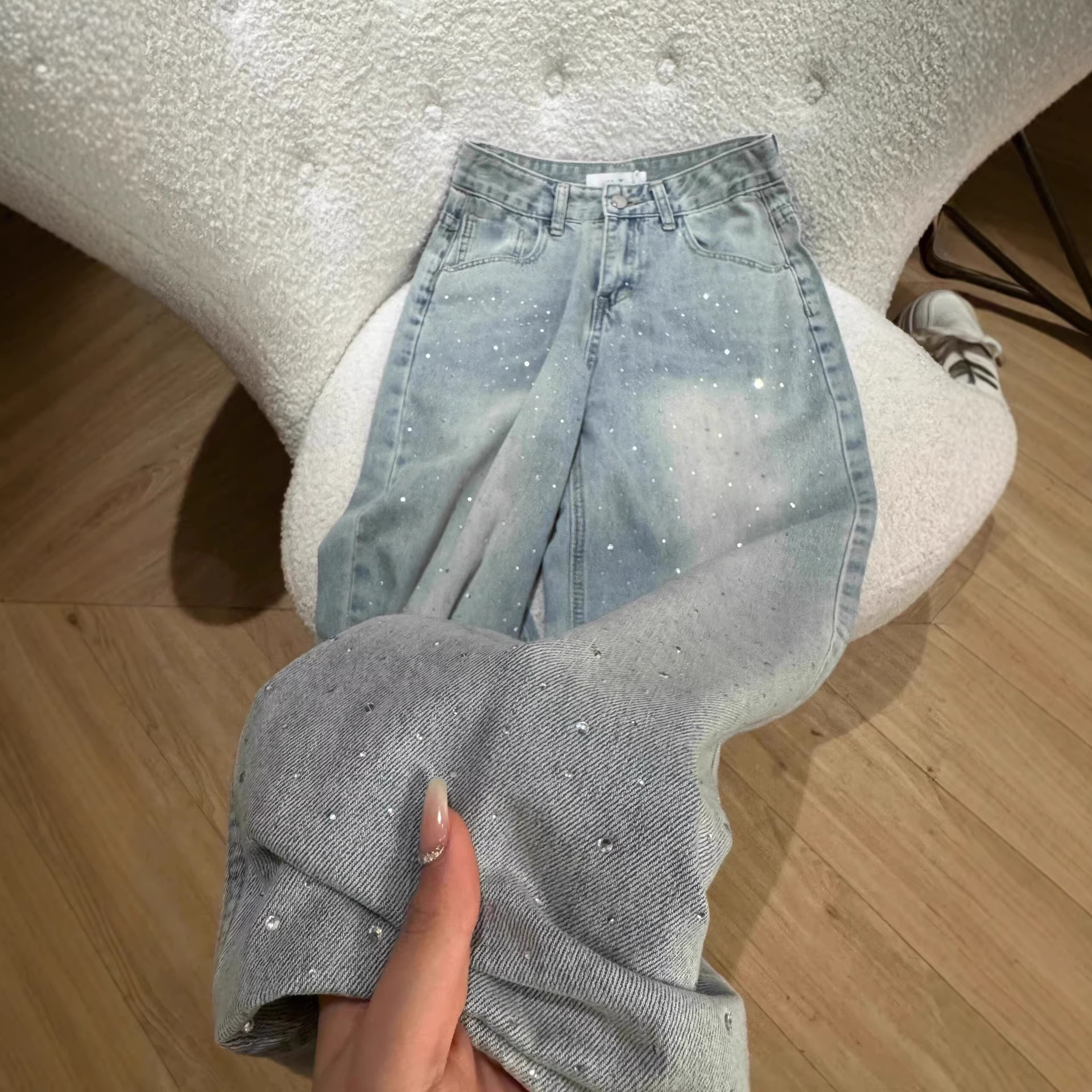Women's Rhinestone Jeans Straight Leg Winter Loose Fit Flared Pants With Star Embellishments Versatile Wear_voghion.com