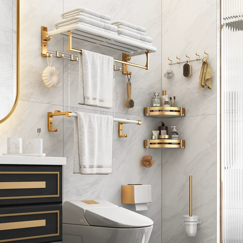 Platinum bathroom towel rack bathroom hardware pendant set space aluminum punch-free folding bath towel rack storage