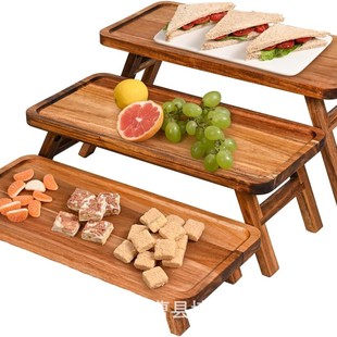 Wooden Three-Layer Tray Display Stand Stepped Dessert Display Tray Outdoor Picnic Tray Dining Table Tray