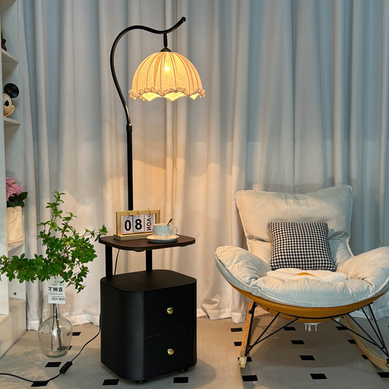 French Bedside Table Floor Lamp Solid Wood Storage Rack Integrated Vertical Table Lamp Mid-Century Style Bedroom Atmosphere Coffee Table Lamps French Bedside Table Floor Lamp Solid Wood Storage Rack Integrated Vertical Table Lamp Mid-Century Style Bedroom Atmosphere Coffee Table Lamps