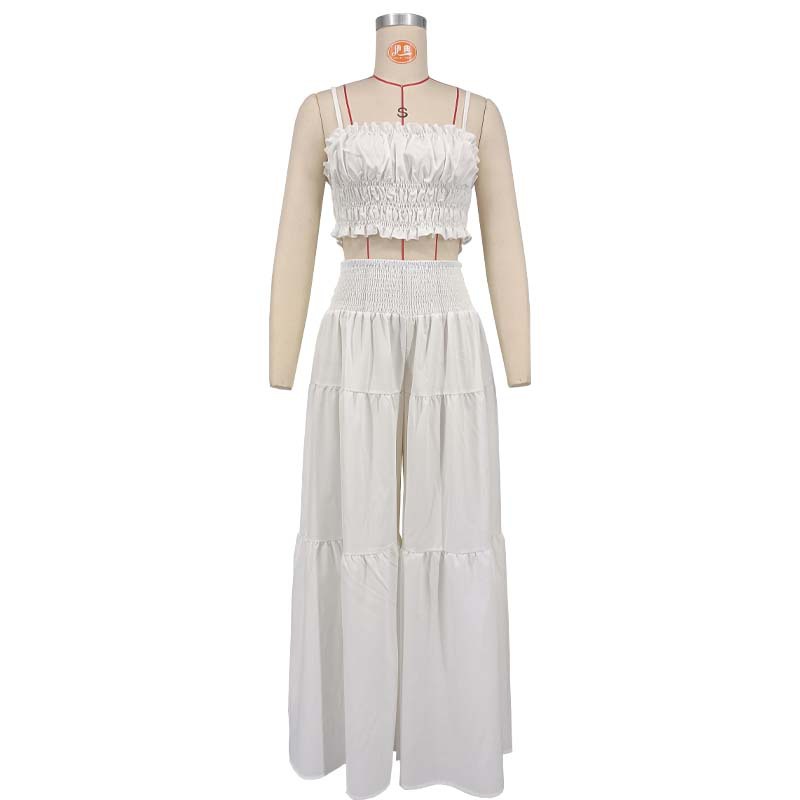 Women's Clothing Fashion Solid Color Suspender Top Plus Loose Wide Leg Pants Two Piece Set_voghion.com