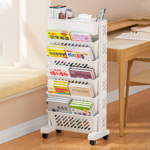 Mobile storage bookshelf, baby picture book stand, magazine rack, stationery paper towel multi-layer floor desk side bookshelf