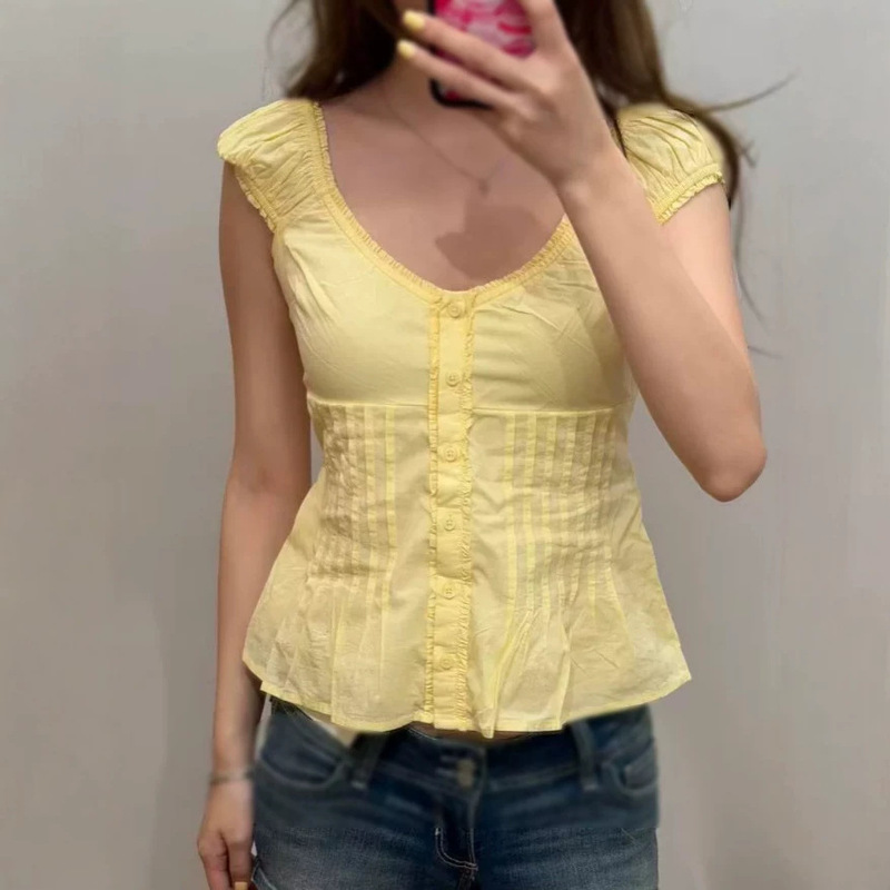 Bm Style American Spring and Summer New V-Neck Pleated Puff Short-Sleeve Shirt for Women, Waist-Cinching, Slimming, Simple and Versatile Blouse Bm Style American Spring and Summer New V-Neck Pleated Puff Short-Sleeve Shirt for Women, Waist-Cinching, Slimming, Simple and Versatile Blouse