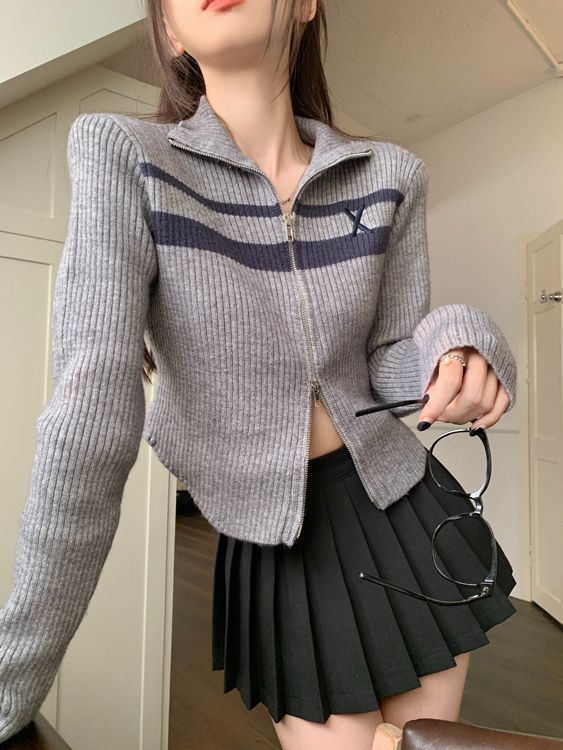 设计感复古撞色双拉链POLO领针织衫女秋冬季休闲显短款瘦毛衣开衫|undefined