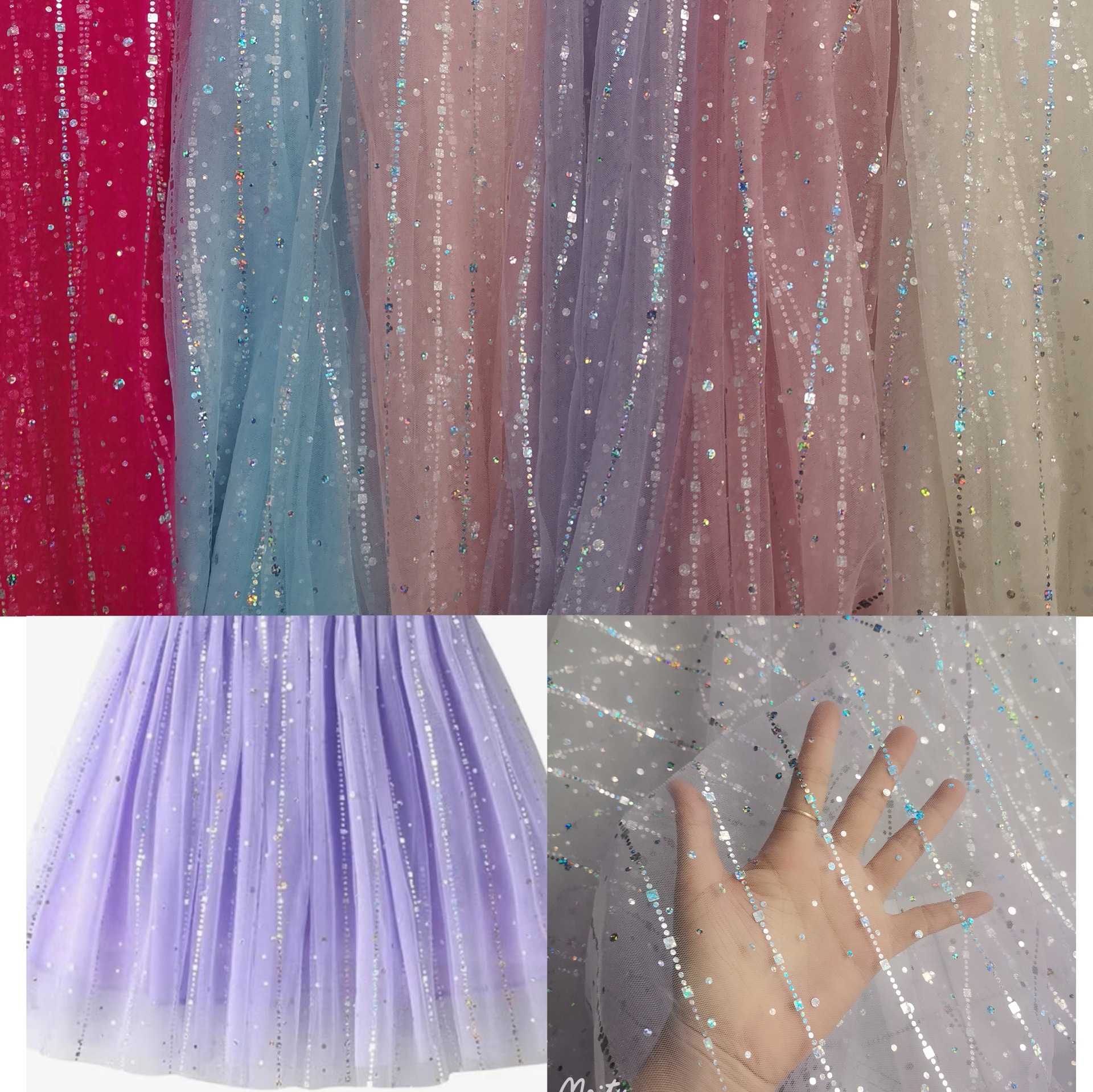 新款热卖~闪亮款锦特美网纱大小圆片加竖条串串叠加冲片 纱裙面料