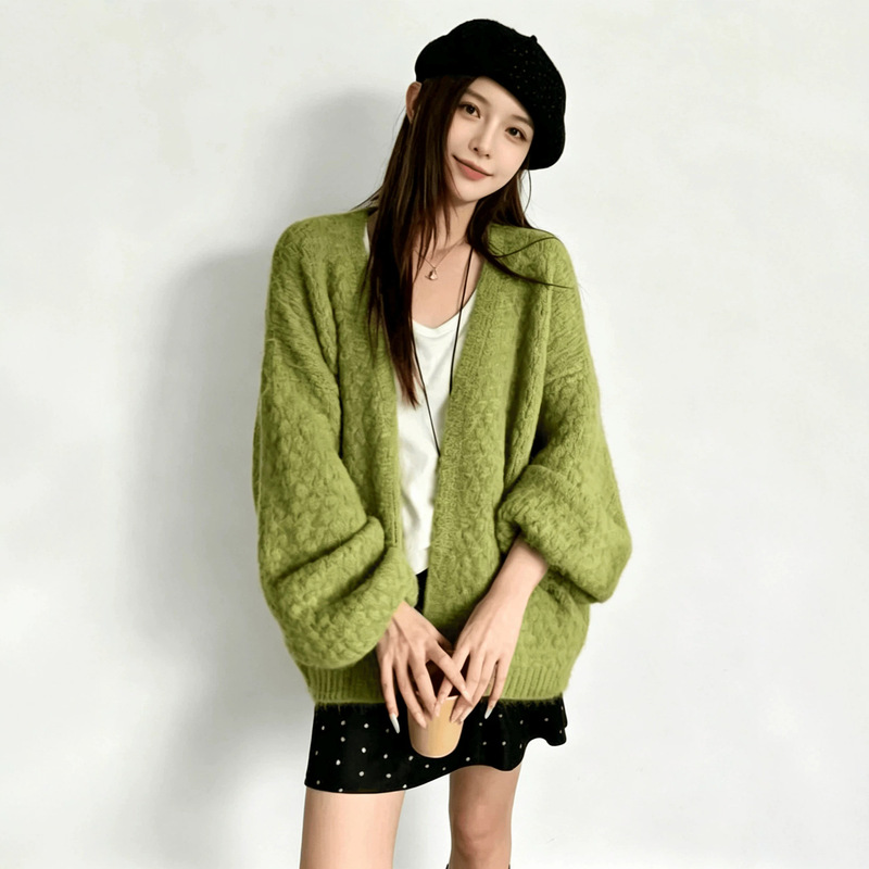 YS gentle style solid color versatile cardigan sweater for women, new autumn/winter Korean style loose-fit lantern sleeve knit jacket
