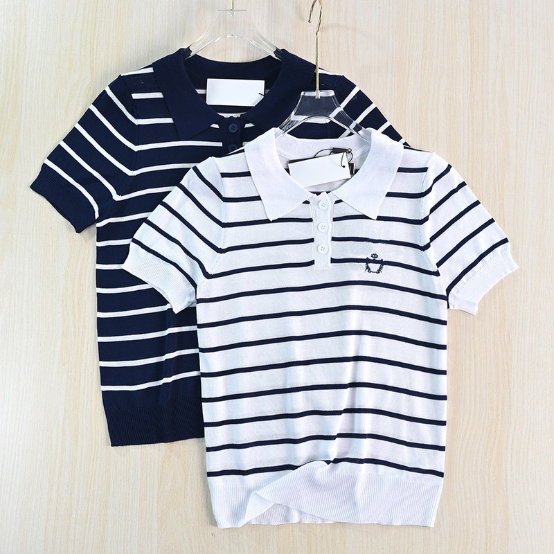 Siqi Women's Clothing 264/2 American Single-Embroidery Thin Casual Short-Sleeve Polo Collar Striped Knit Shirt
