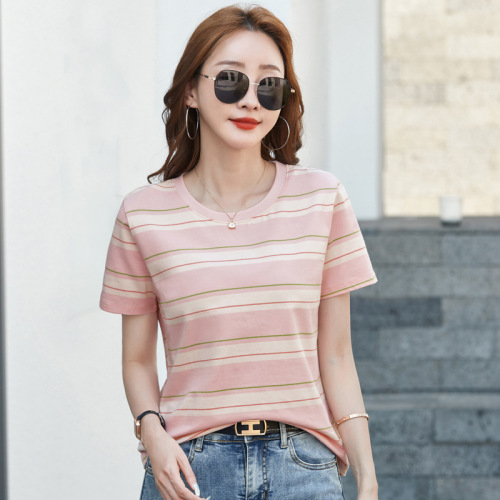 499 Summer new striped large size loose short-sleeved women's T-shirt round neck Japanese and Korean casual versatile top