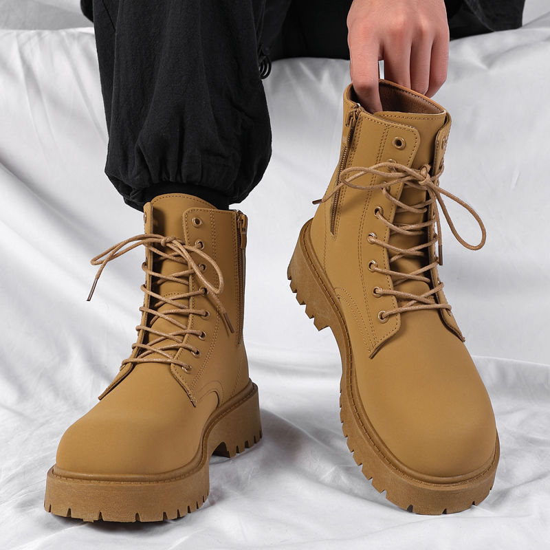 Cross-Border Rhubarb Boots Men's Autumn Martin Boots High-Top Thick-Soled Mid-Top Leather Boots American Retro Outdoor Work Boots