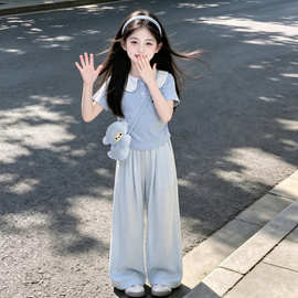 女童短袖套装夏季2026新款儿童蝴蝶结T恤夏装女孩阔腿裤两件套潮