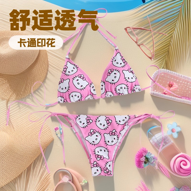 跨境欧美比基尼泳衣女士分体印花卡通kt比基尼纯欲少女可爱小胸