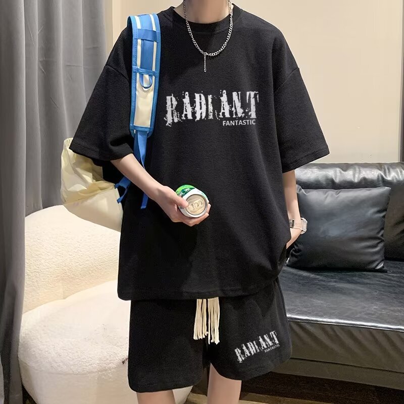夏のワッフルスポーツスーツメンズオーバーサイズハンサムTシャツショーツツーピースセットトレンディなメンズファッションウェア|undefined