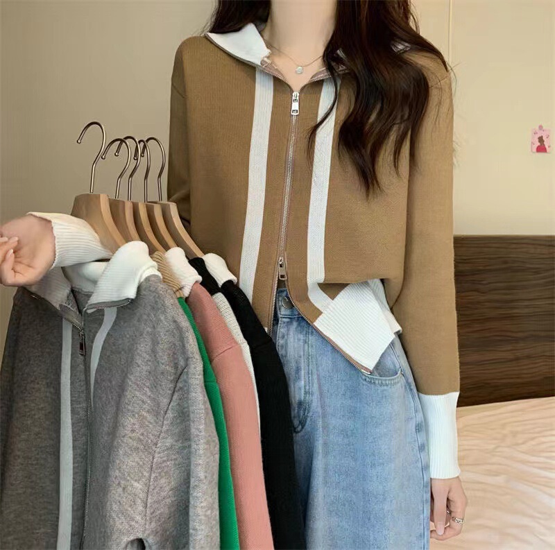 Short Lapel Contrast Color Double Zipper Long-sleeved Sweater Cardigan Small Coat Autumn and Winter Women's Wear Design Sense Slim Top Short Lapel Contrast Color Double Zipper Long-sleeved Sweater Cardigan Small Coat Autumn and Winter Women's Wear Design Sense Slim Top