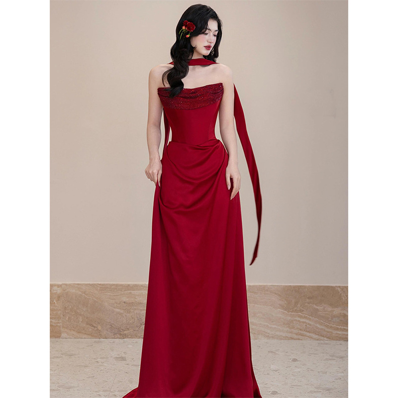 Burgundy New Chinese-Style Improved Version of the Toast Dress, 2026 New Model with a High-End Feel, Engagement Dress