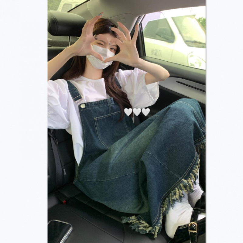甜美学院苏牛仔背带裙套装夏季女装短袖衬衫上衣设计感连衣裙