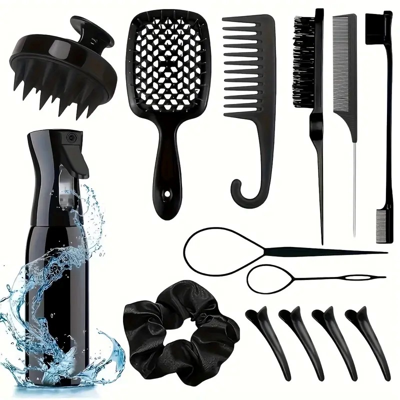 Temu cepillo de lavado de cabello botella de pulverización continua peinado de punta de cola peinado vacío peinado estilo peinado de cabello conjunto de cabello