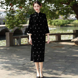 黑色加绒加厚冬装国风新中式长袖旗袍2025新款年轻款女复古秋冬装