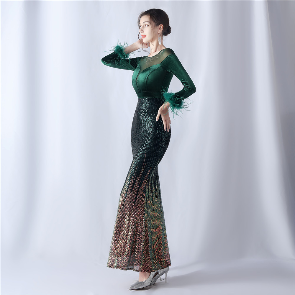 Women's gradient beaded diamond velvet high-end evening dress_voghion.com