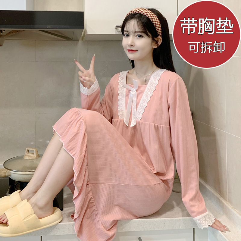 2024 pijama de otoño delgado de manga larga de punto de algodón cojín de pecho pijama encaje dulce de pijama ropa para el hogar