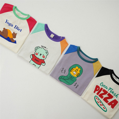 Korean children's clothing 2024 spring new children's contrasting color T-shirt spliced ​​cartoon baby round neck top long-sleeved Korean version