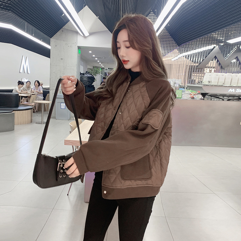 Ropa de algodón de empalme de diamante coreana para mujeres 2023 otoño y invierno nuevo abrigo de algodón caliente original de cuello redondo de diamante para mujeres