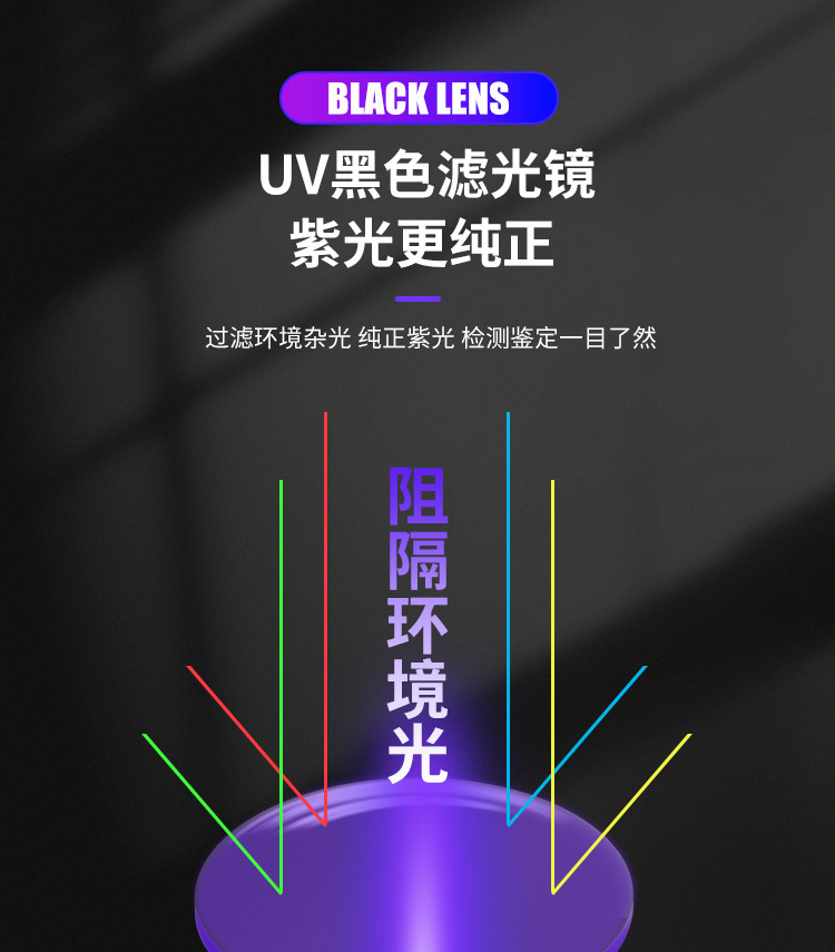 High-power Woods' purple flashlight 365nm UV identification tobacco and wine anti-counterfeiting fluorescent agent cat ringworm detection lamp