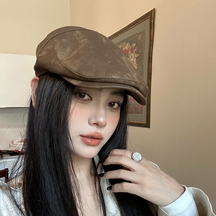 美式复古街头辣妹PU贝雷帽女秋季薄款纯色休闲百搭显脸小前进帽子|undefined