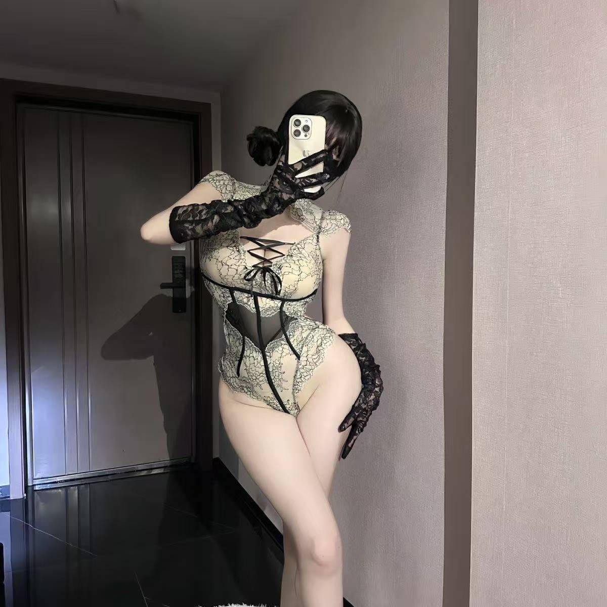 French-Style Roleplay Bodysuit Set with Stockings, Gloves and Blindfold — detail image 6