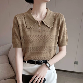 韩系设计感小众镂空POLO领短袖T恤女夏薄透气巨好看显瘦减龄上衣