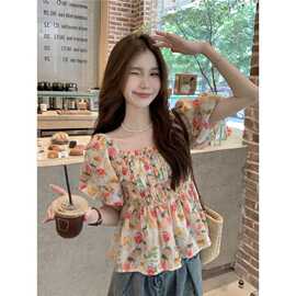 实拍 法式方领碎花泡泡袖雪纺衬衫夏季甜美复古短袖打揽上衣11612