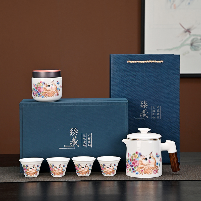 萌猫赏花羊脂玉办公杯个人专用陶瓷马克杯茶水分离杯高颜值喝茶杯