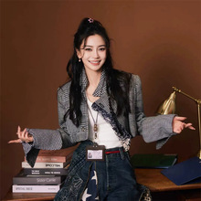 24秋冬Angelababy杨颖同款个性时尚短款格纹马术装外套