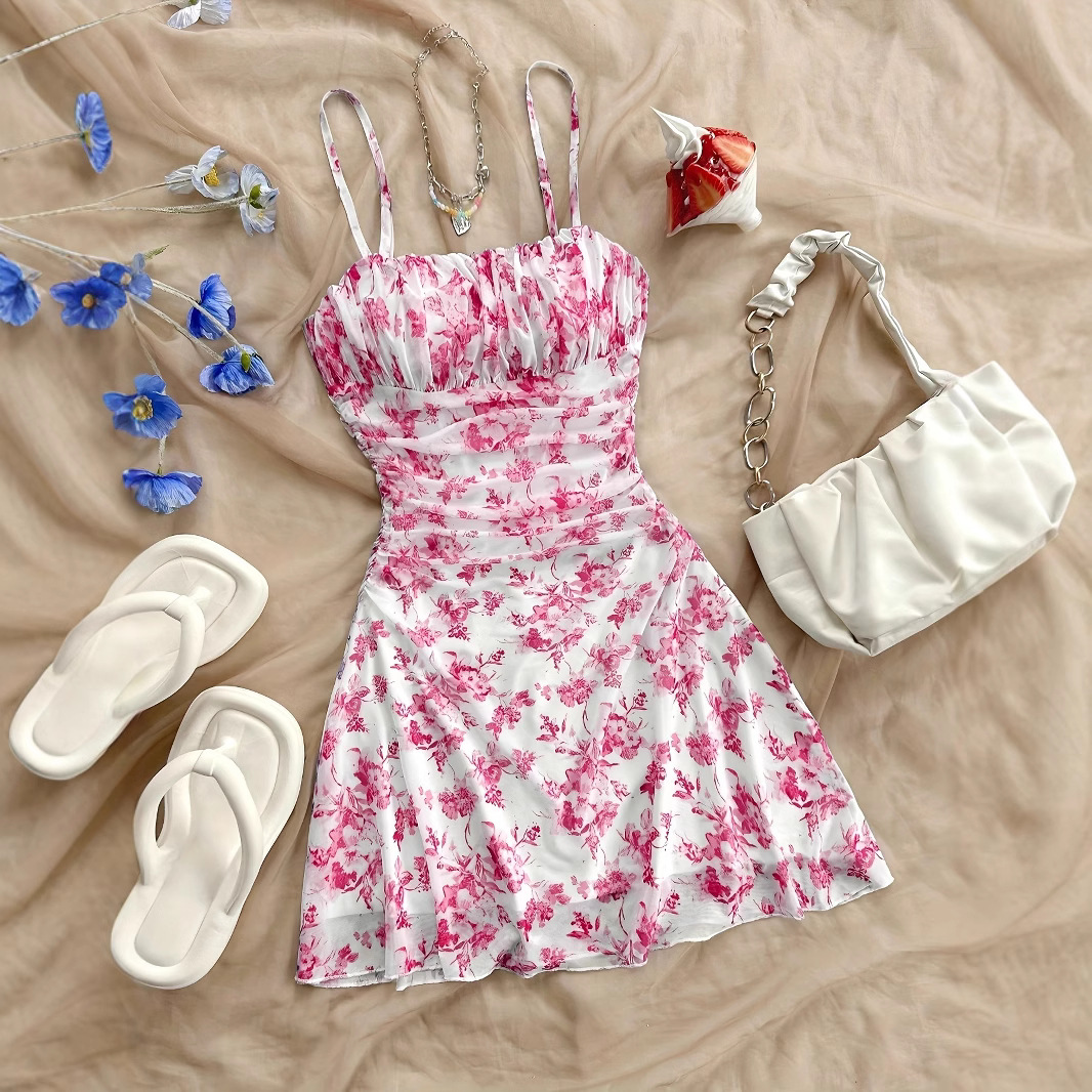 欧美跨境2025春夏季新款法式碎花吊带连衣裙收腰度假性感吊带裙女