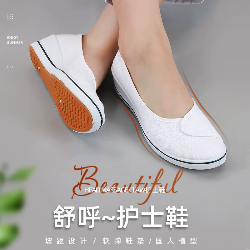 Женская обувь для медсестер Черно-Белая обувь на танкетке с мягкой подошвой из говядины Весна-Лето-Осень Удобная дышащая Белая обувь Черная обувь