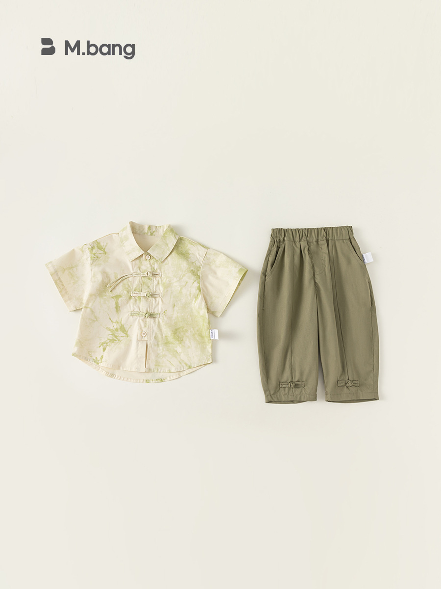 Ropa de verano para niños Youbao ropa de dos piezas para niños hebilla de estilo nacional impresión camisa pantalones chinos set