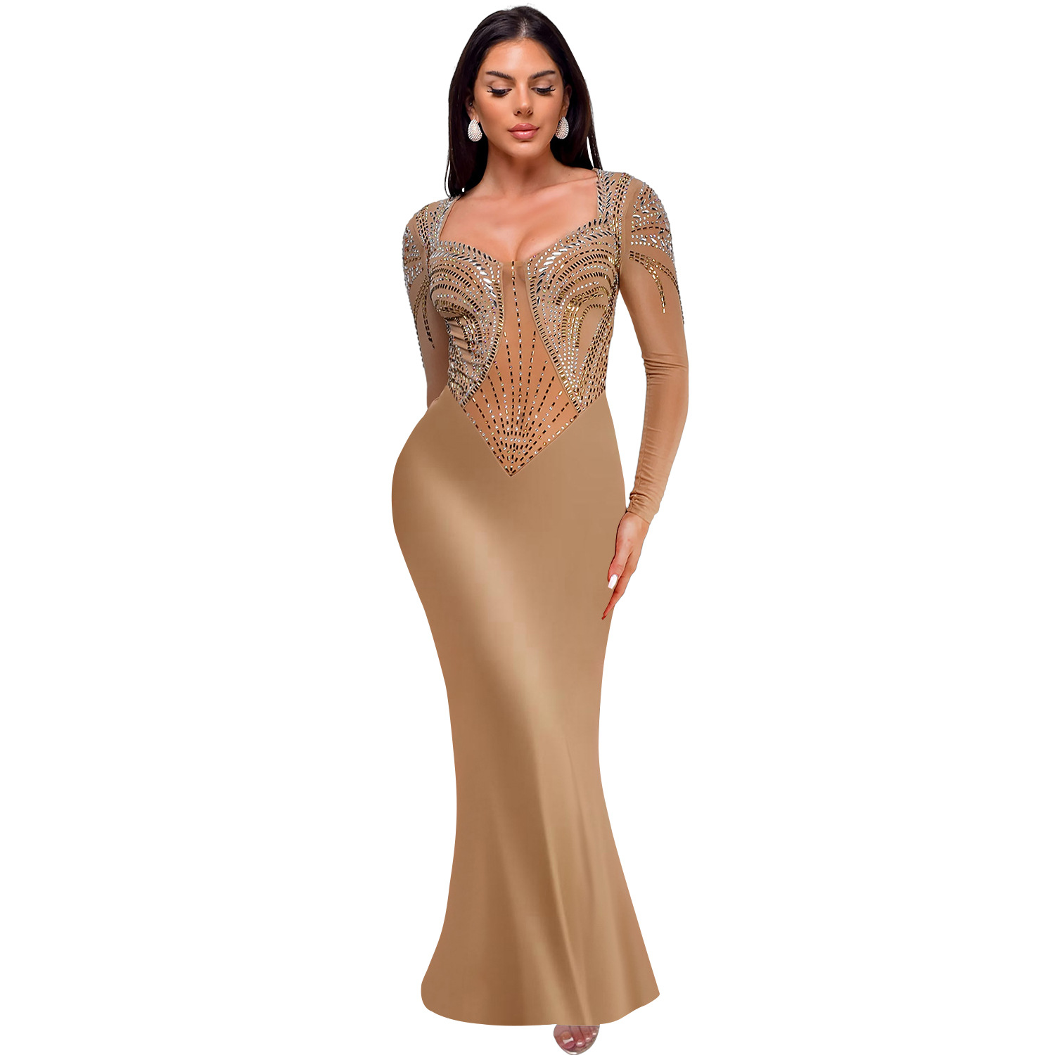 C7042 AliExpress transfronterizo Amazon estación independiente de moda europea y americana ropa de mujer de diamante caliente vestido de manga larga de color sólido nuevo