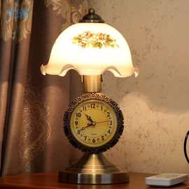 fpT欧式复古台灯温馨客厅卧室床头新中式古典带钟表调光玻璃装饰