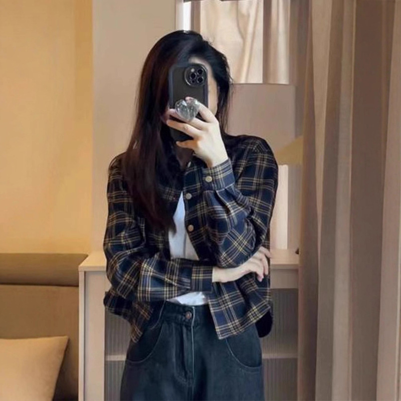 磨毛格子衬衫女短款外套春秋2025新款长袖上衣小个子开衫衬衣|undefined
