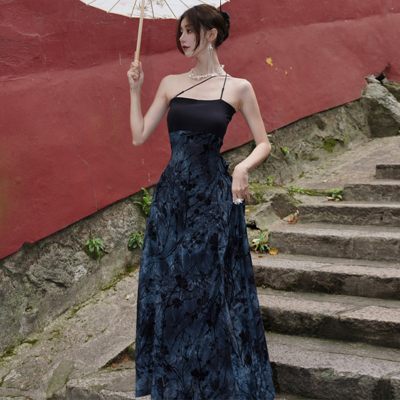 Chinese Ink Painting Plum Blossom Slip Dress Women's Summer Retro New Chinese Style Dress Zen Style National Style Long Dress for Women