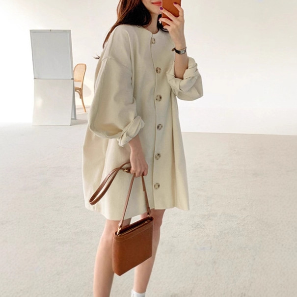 Plus Size Women's Clothing for Fat mm Korean Chic Spring & Fall Round Neck Single-Breasted Thin Puff Sleeve Mid-Length Windbreaker for Women Trendy Plus Size Women's Clothing for Fat mm Korean Chic Spring & Fall Round Neck Single-Breasted Thin Puff Sleeve Mid-Length Windbreaker for Women Trendy