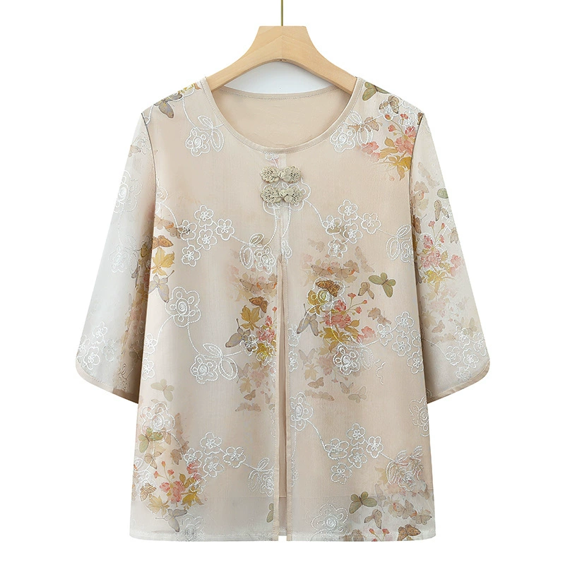 Летняя мама с короткими рукавами шифоновый топ 2025 новый китайский национальный стиль костюм средней и пожилой бабушки летняя одежда