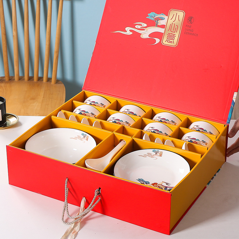 Estilo de paleta nueva marca china caja de regalo de cerámica de estilo chino tazón palillos con mano caja de regalo de marca china