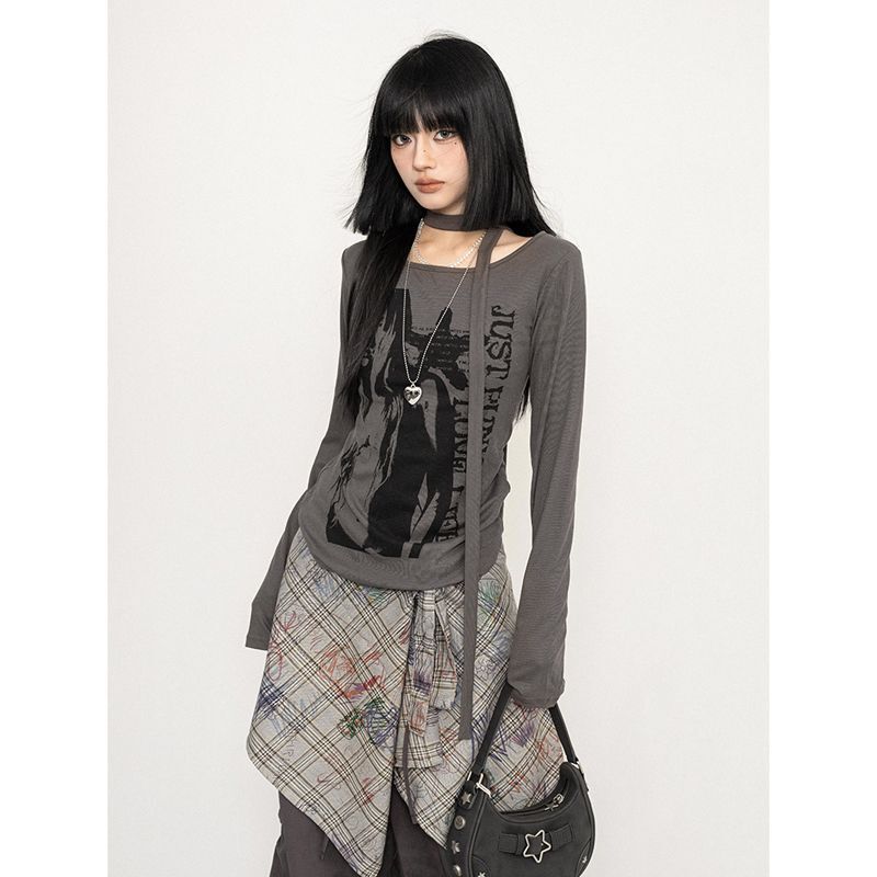 Irregular Niche American Retro Character Print Slim-Fit Long-Sleeve T-Shirt for Women, Spring and Summer Sweet Cool Style Lazy Top Ins
