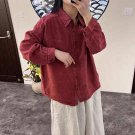 亚麻炒色衬衫2025春季新款复古文艺长袖开衫上衣女包边宽松衬衣