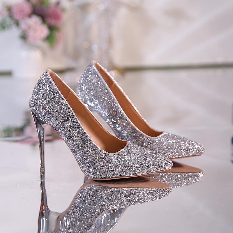 Chinese Wedding Shoes Women's 2023 Summer New Bridal High Heeled Pointed Sequins plus size Shoes Women's Gorgeous